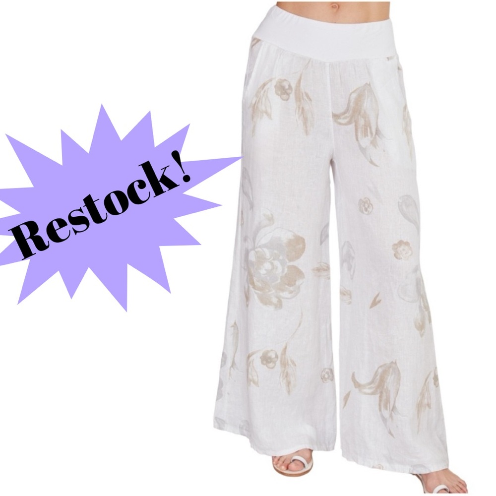 Floral Wide-Leg Pants in Cream and White